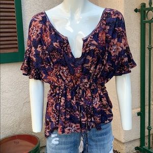 Floral Drawstring Peplum Top - Navy & Rust